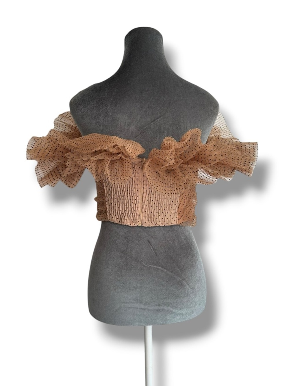 Zara Nude Mesh Tulle Black Polka Dot Ruffle Crop Tube Top Small Limited Edition - Picture 2 of 15